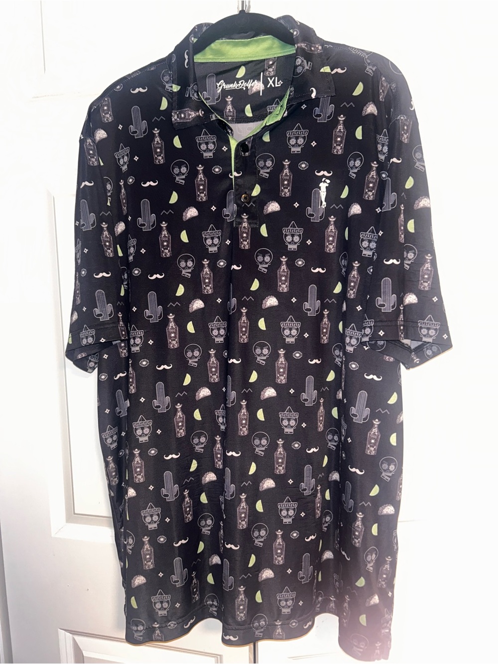 Novelty Print Black Polo with Lime Accents - XL
